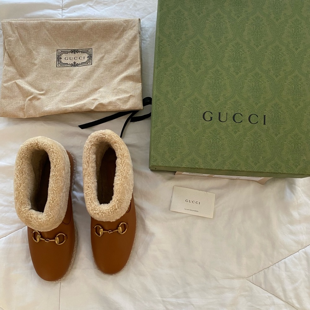 Gucci Horsebit Brown Leather Ankle Boots With Shearling Trim Size 40.5 - Picture 11 of 12